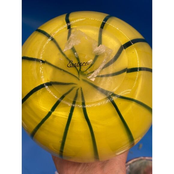 Czech Eastern Art Glass Tall Flower Vase Yellow 12" tall blown blue stripes nibs - Picture 4 of 4